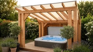 Jacuzzi extérieur sous pergola en bois.