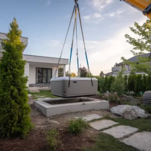 Installation d'un jacuzzi dans un jardin moderne.