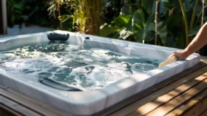 Spa extérieur avec bulles et main nettoyant bord.
