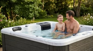 Homme et enfant dans un jacuzzi extérieur.