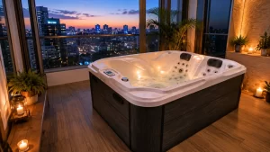 Spa intérieur avec vue sur skyline nocturne.