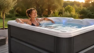 Femme se relaxant dans un jacuzzi extérieur