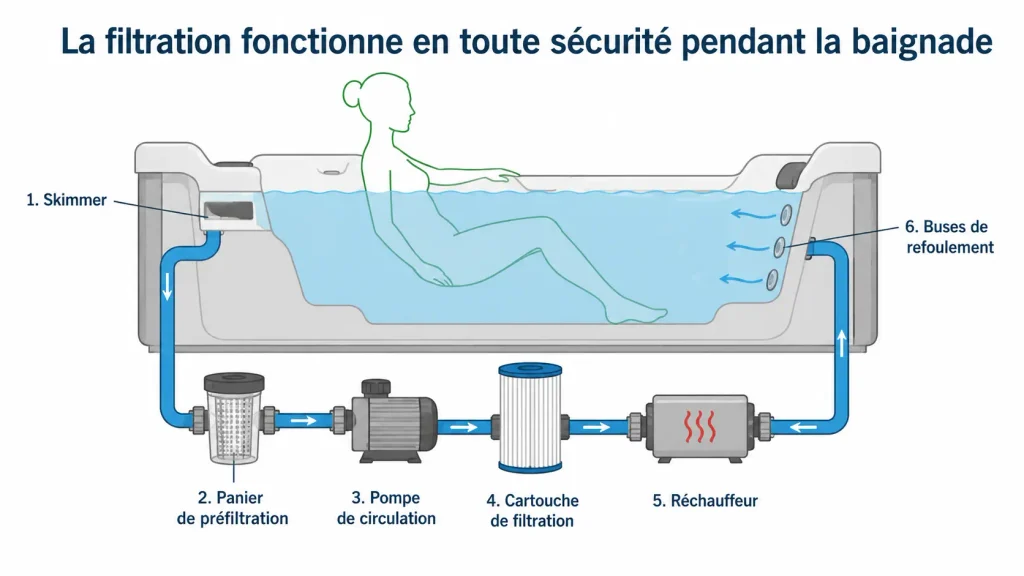 Peut-on se baigner pendant la filtration du spa ? Réponse et précautions, Ligne-Spa